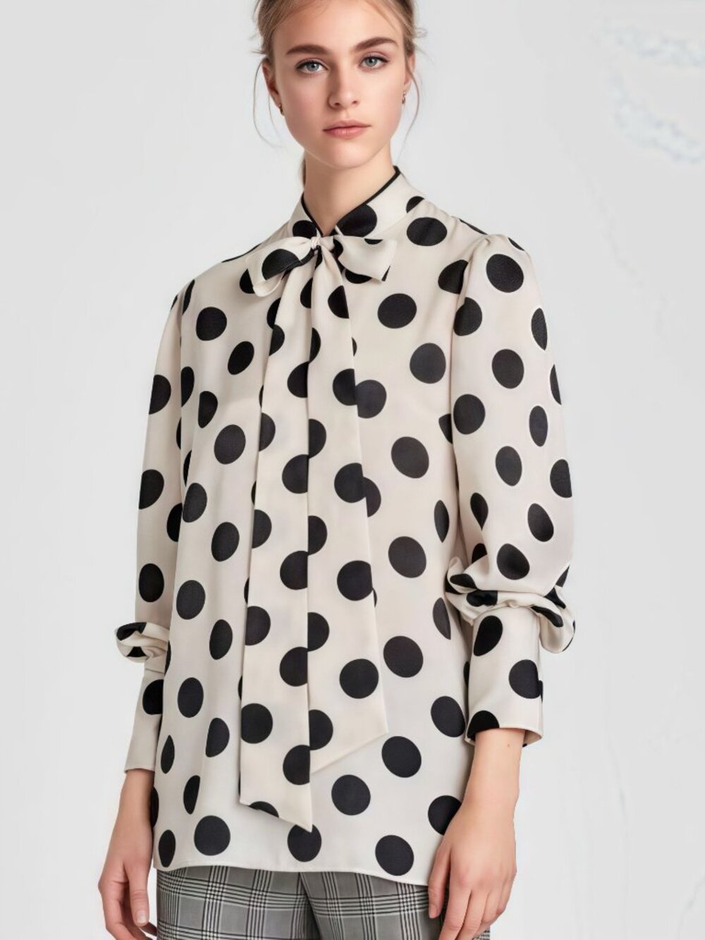 Zara Satin Polka Dot Bow Tie Pearl Cuff Blouse XS